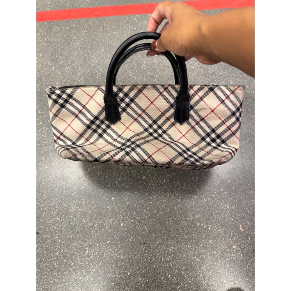 Vtg Burberry Blue Label Nova Check Canvas Tote Bag Beige Black Red Trim Handbag